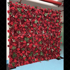 Lofaris Lush Red Rose Artificial Flower Wall with Green Leaves Elegant Romantic Wedding and Party Backdrop Decor