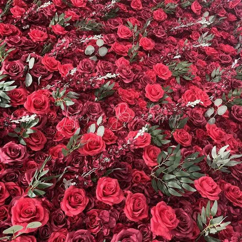Lofaris Lush Red Rose Artificial Flower Wall with Green Leaves Elegant Romantic Wedding and Party Backdrop Decor