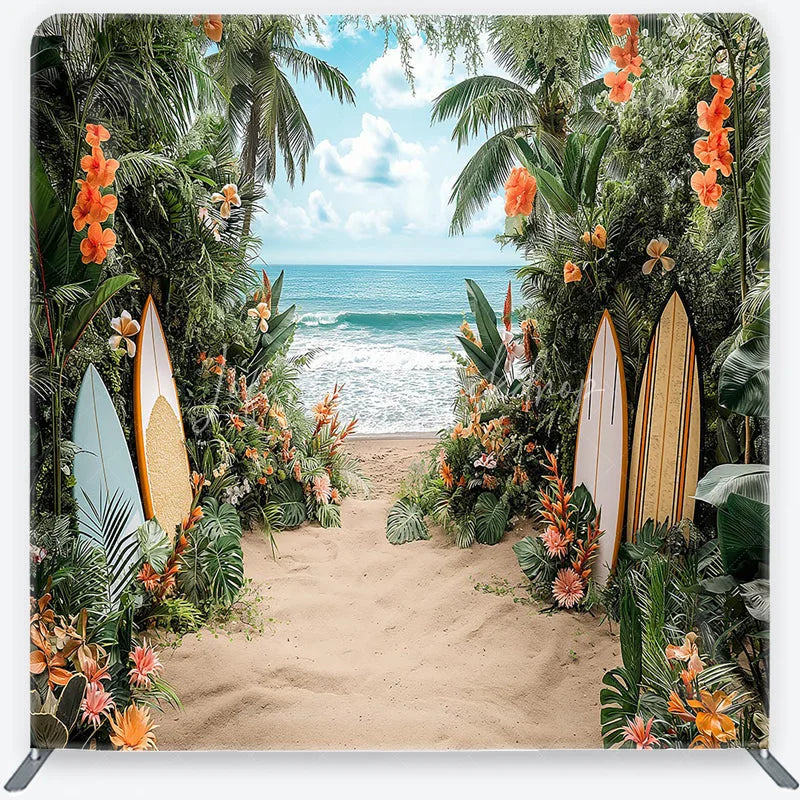 Lofaris Lush Tropical Beach and Ocean Square Double-Sided Backdrop with Vibrant Flowers Palm Trees Surfboards