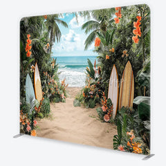 Lofaris Lush Tropical Beach and Ocean Square Double-Sided Backdrop with Vibrant Flowers Palm Trees Surfboards