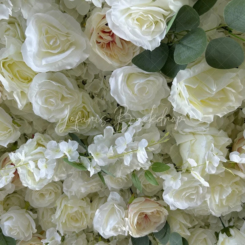 Lofaris Lush White and Cream Rose Artificial Flower Wall Elegant Floral Backdrop for Wedding Event Decor