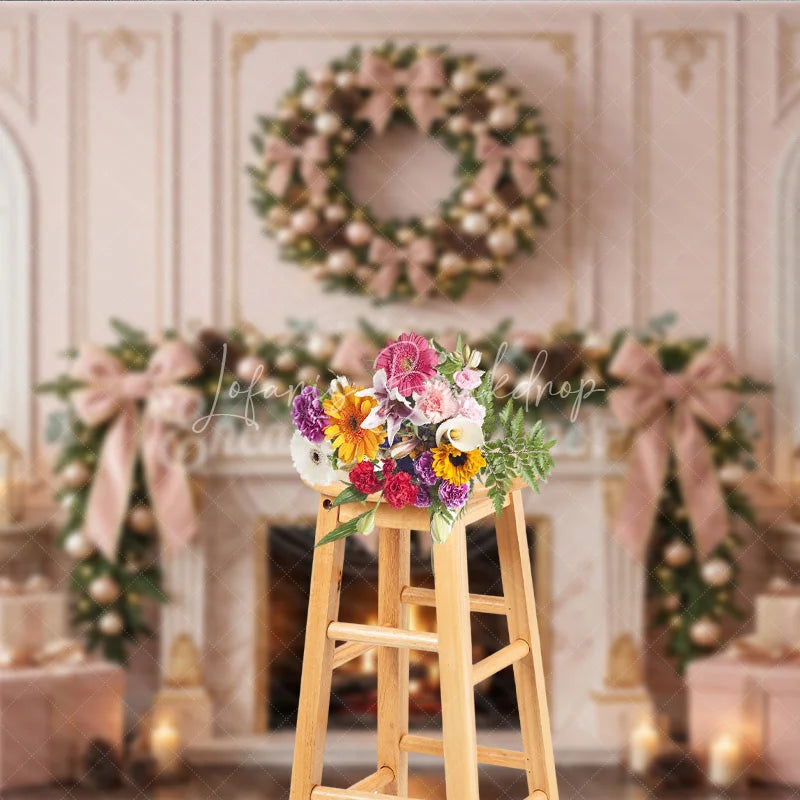 Lofaris Luxurious Blush Pink and Gold Christmas Fireplace Backdrop with Snowy Window Elegant Holiday Party Decor
