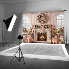 Lofaris Luxurious Blush Pink and Gold Christmas Fireplace Backdrop with Snowy Window Elegant Holiday Party Decor