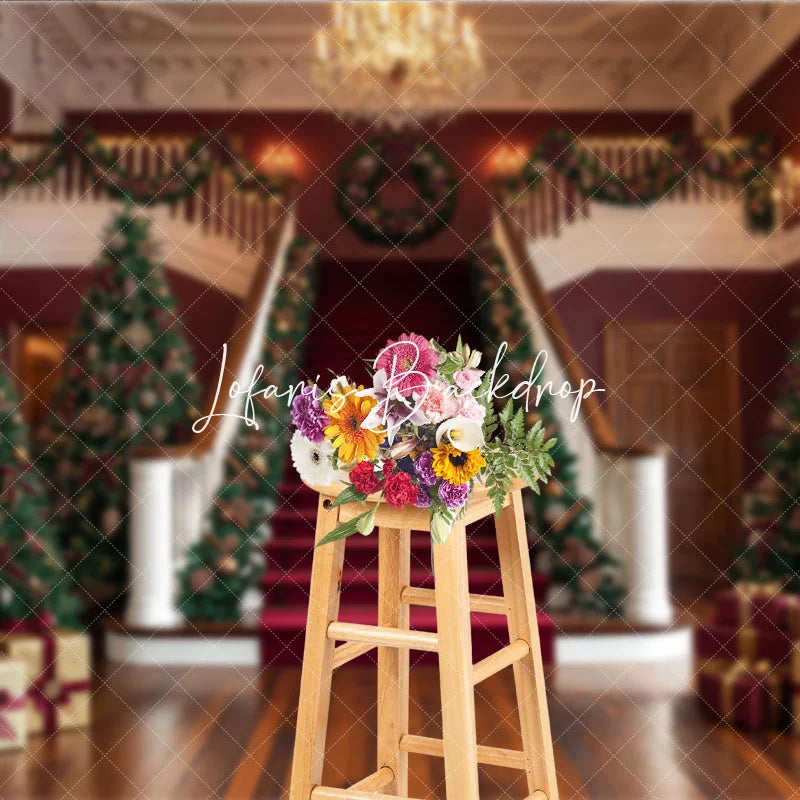 Lofaris Luxurious Christmas Holiday Backdrop with Grand Staircase Red Carpet Decorated Trees and Festive Garlands.