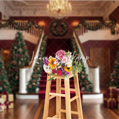 Lofaris Luxurious Christmas Holiday Backdrop with Grand Staircase Red Carpet Decorated Trees and Festive Garlands.
