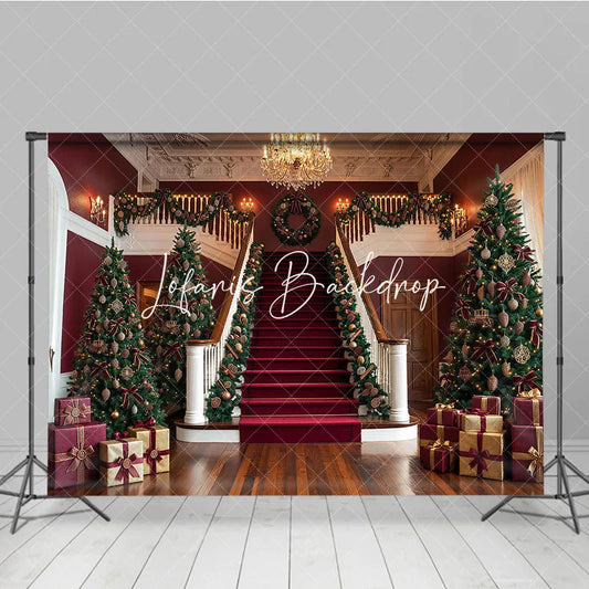 Lofaris Luxurious Christmas Holiday Backdrop with Grand Staircase Red Carpet Decorated Trees and Festive Garlands.