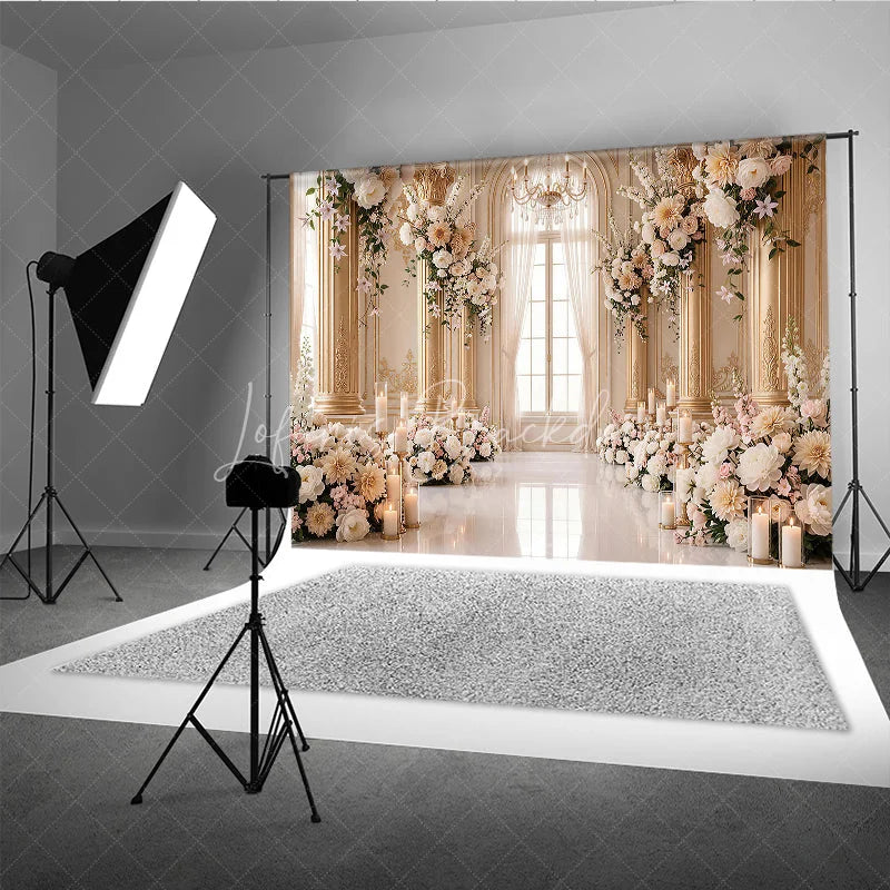 Lofaris Luxurious Cream Gold Floral Photography Backdrop with Arched Window Elegant Wedding and Engagement Party Decor