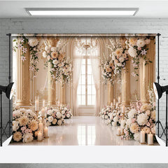 Lofaris Luxurious Cream Gold Floral Photography Backdrop with Arched Window Elegant Wedding and Engagement Party Decor