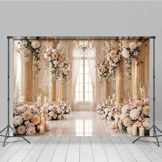 Lofaris Luxurious Cream Gold Floral Photography Backdrop with Arched Window Elegant Wedding and Engagement Party Decor