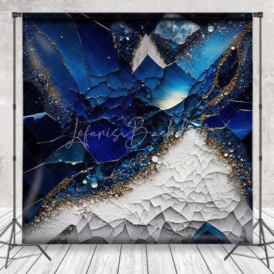 Lofaris Luxurious Deep Blue and White Abstract Photography Backdrop Gold Glitter Crystal Geode Design for Studio