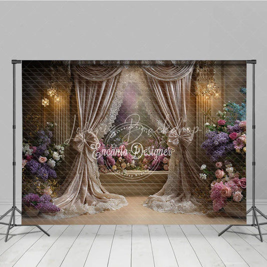 Lofaris Luxurious Floral Photography Backdrop with Elegant Beige Curtains Romantic Flowers and Sparkling Chandeliers
