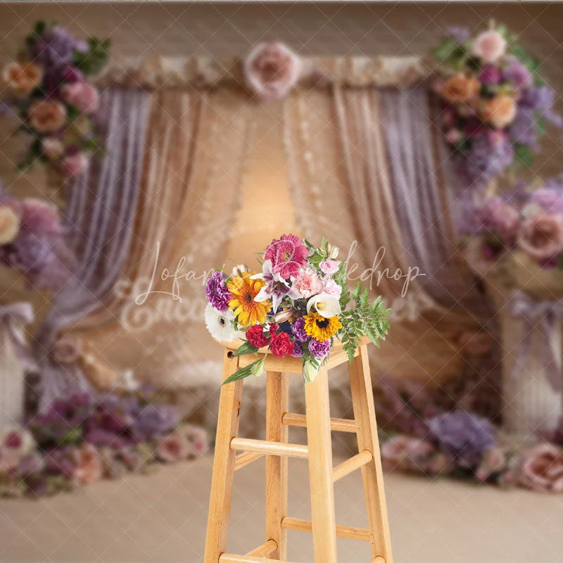 Lofaris Luxurious Gold and Lavender Drapes Photography Backdrop Elegant Floral Arrangements for Portraits