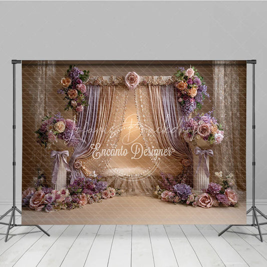 Lofaris Luxurious Gold and Lavender Drapes Photography Backdrop Elegant Floral Arrangements for Portraits