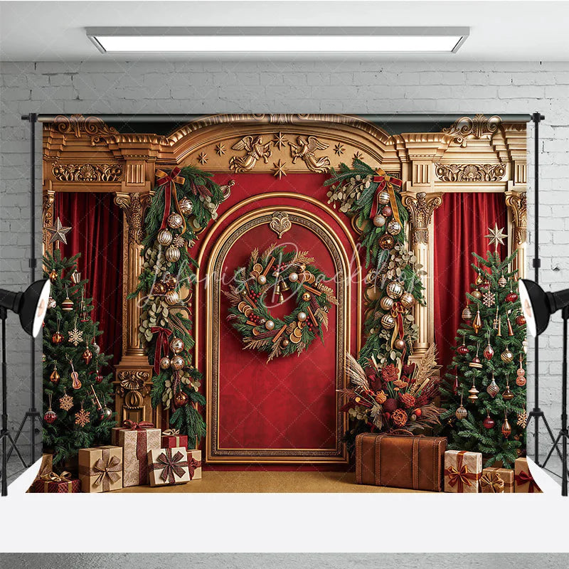 Lofaris Luxurious Golden Arch Red Velvet Christmas Trees Holiday Backdrop Festive Garlands and Wreath Decor