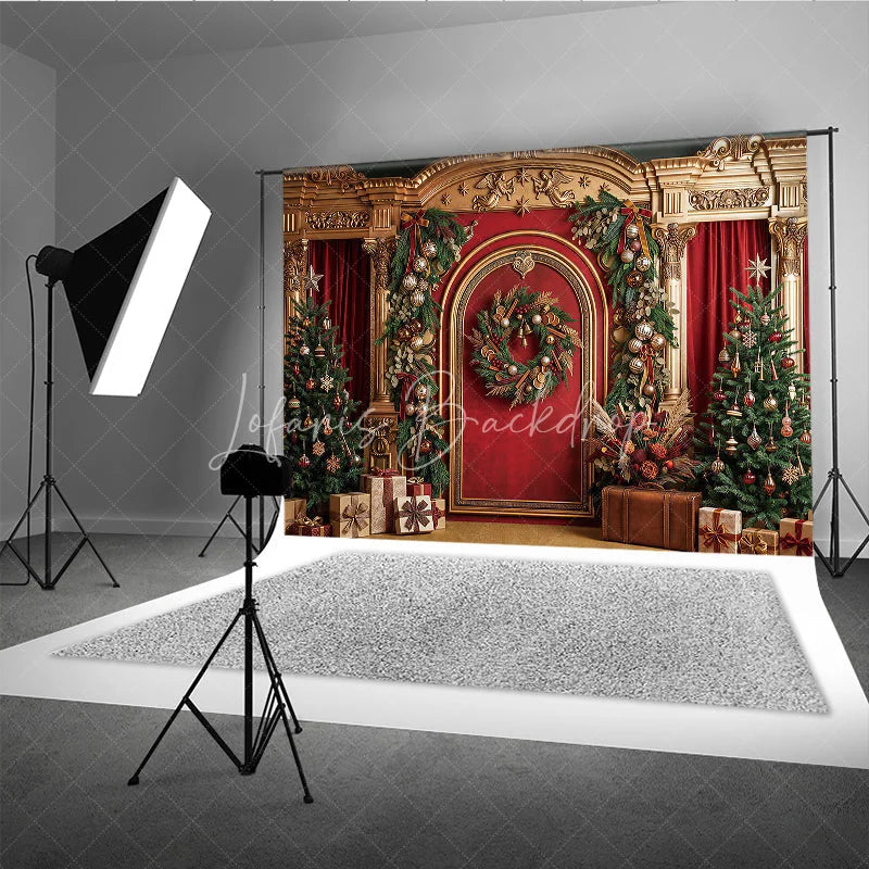 Lofaris Luxurious Golden Arch Red Velvet Christmas Trees Holiday Backdrop Festive Garlands and Wreath Decor