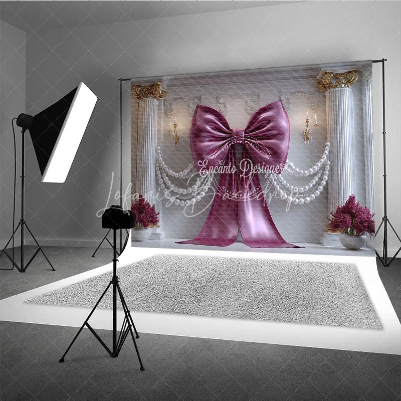 Lofaris Luxurious Magenta Bow and Pearl Garland Photography Backdrop Elegant White Column Floral Decor for Parties