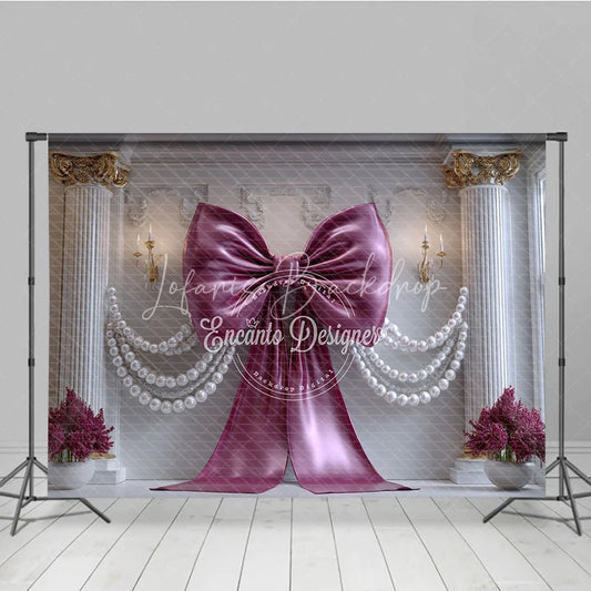 Lofaris Luxurious Magenta Bow and Pearl Garland Photography Backdrop Elegant White Column Floral Decor for Parties