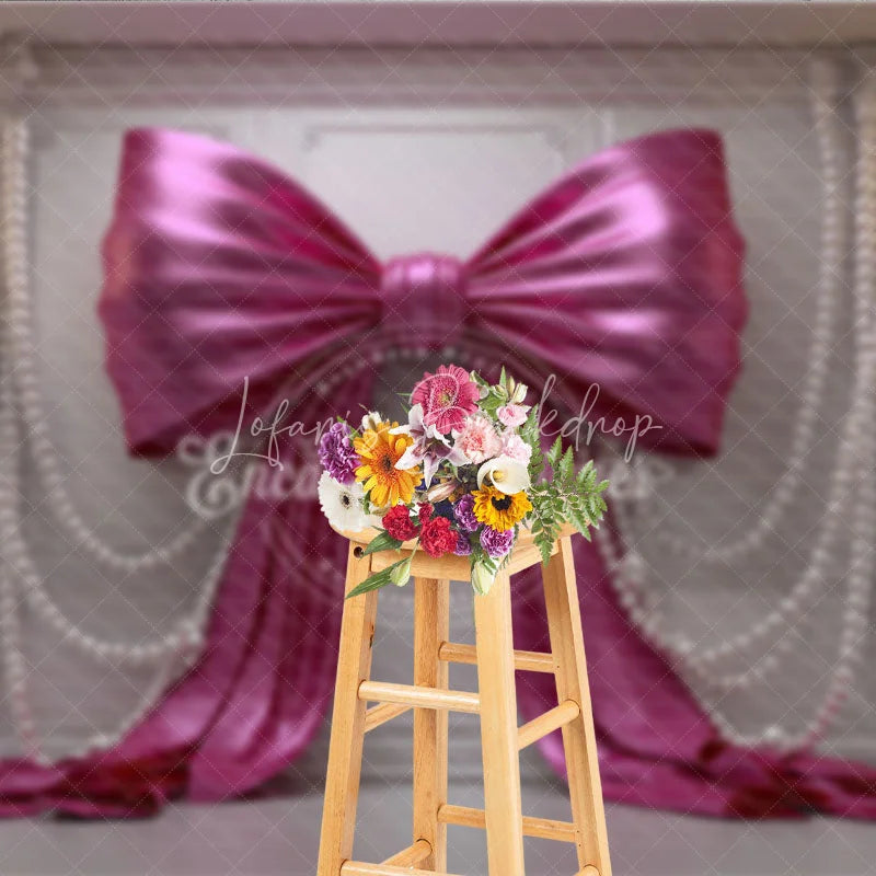Lofaris Luxurious Pink Satin Bow and Pearl Photography Backdrop White Wall Panel for Birthday Party Decor