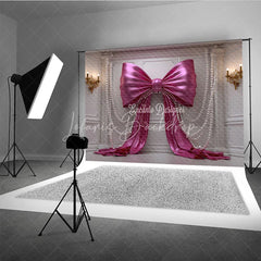 Lofaris Luxurious Pink Satin Bow and Pearl Photography Backdrop White Wall Panel for Birthday Party Decor