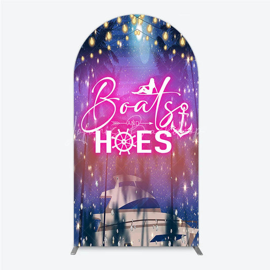 Lofaris Luxurious Tropical Night Yacht Party Arch Backdrop Kit featuring Sparkling Lights and Palm Trees