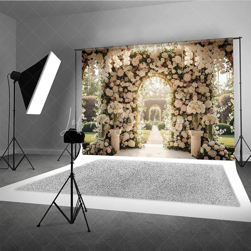 Lofaris Luxurious White and Pink Floral Golden Arch Wedding Photography Backdrop Romantic Garden Ceremony Decor with Pearls