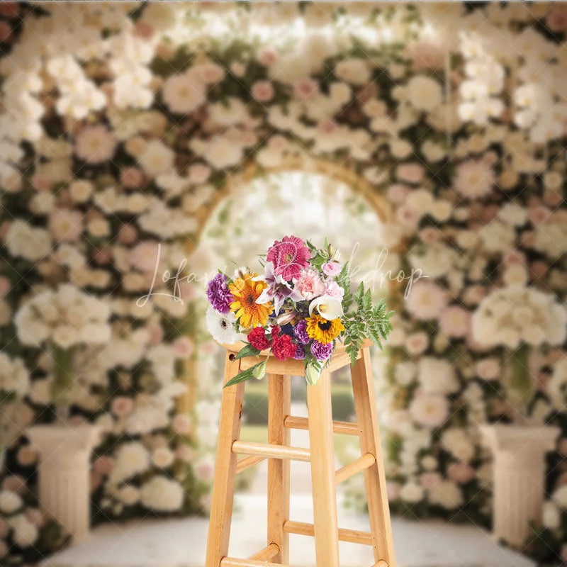 Lofaris Luxurious White and Pink Floral Golden Arch Wedding Photography Backdrop Romantic Garden Ceremony Decor with Pearls