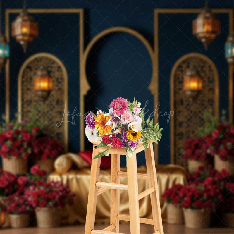 Lofaris Luxury Arabian Nights Photography Backdrop Moroccan Arch and Lanterns with Red Roses Elegant Wedding Photo Prop