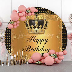 Lofaris Luxury Black Gold Crown Happy Birthday Round Backdrop Royal Filigree Party Decoration for Celebration