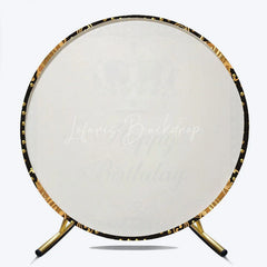 Lofaris Luxury Black Gold Crown Happy Birthday Round Backdrop Royal Filigree Party Decoration for Celebration