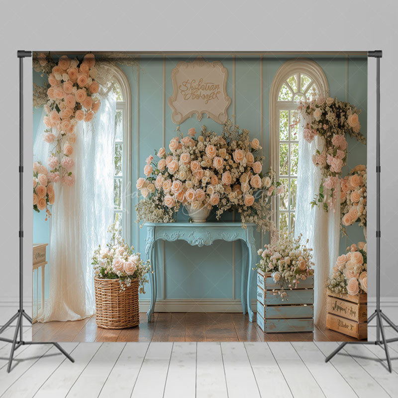 Lofaris Luxury Blue Window Floral Wedding Room Set Backdrop