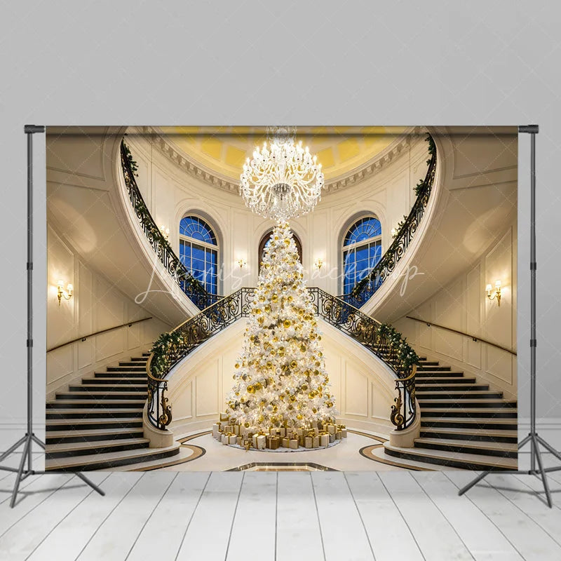 Lofaris Luxury Christmas Backdrop Grand Staircase White Tree Photography Background Mansion Interior Holiday Party Decoration