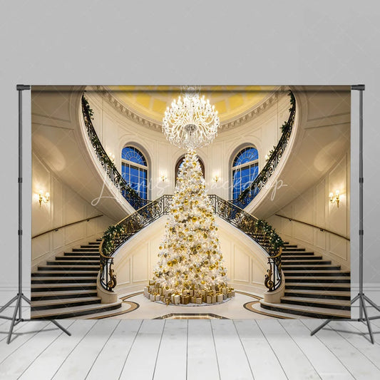 Lofaris Luxury Christmas Backdrop Grand Staircase White Tree Photography Background Mansion Interior Holiday Party Decoration