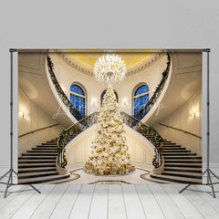 Lofaris Luxury Christmas Backdrop Grand Staircase White Tree Photography Background Mansion Interior Holiday Party Decoration