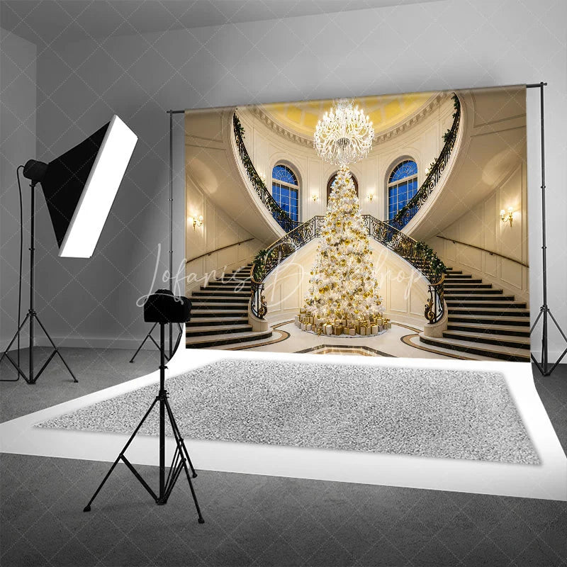 Lofaris Luxury Christmas Backdrop Grand Staircase White Tree Photography Background Mansion Interior Holiday Party Decoration