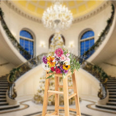 Lofaris Luxury Christmas Backdrop Grand Staircase White Tree Photography Background Mansion Interior Holiday Party Decoration