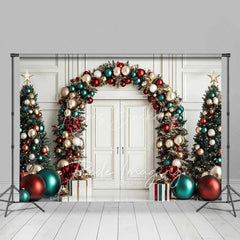 Lofaris Luxury Christmas Door Backdrop Red Green Gold Ornament Arch White Paneling Tree Photo Background