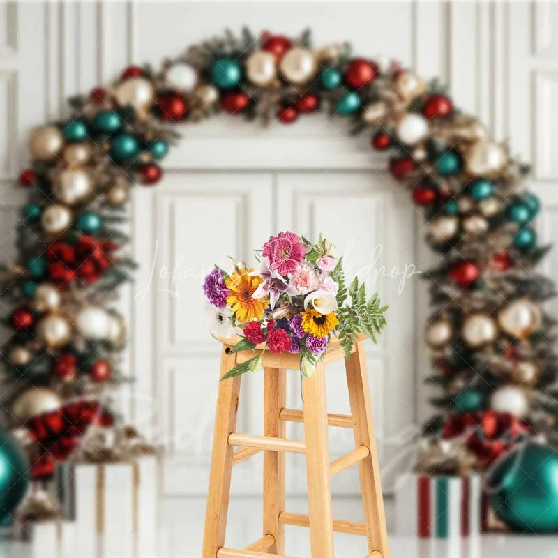 Lofaris Luxury Christmas Door Backdrop Red Green Gold Ornament Arch White Paneling Tree Photo Background