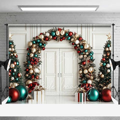 Lofaris Luxury Christmas Door Backdrop Red Green Gold Ornament Arch White Paneling Tree Photo Background