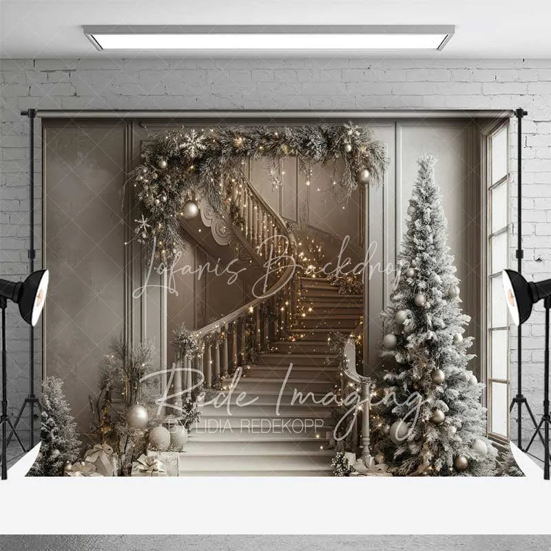 Lofaris Luxury Christmas Interior Backdrop Elegant Staircase Garland Lights Tall Pine Tree Room Photo Background