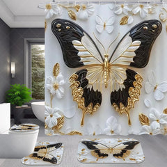 Lofaris Luxury Gold and Black Butterfly Shower Curtain Set, 4 Piece 3D Floral and Pearl Bathroom Decor with Rugs