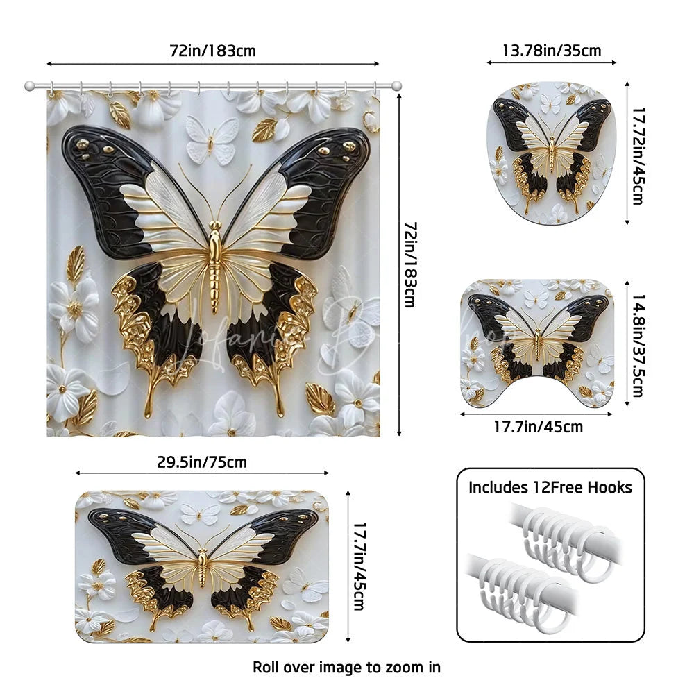 Lofaris Luxury Gold and Black Butterfly Shower Curtain Set 4 Piece 3D Floral Pearl Bathroom Decor with Rugs