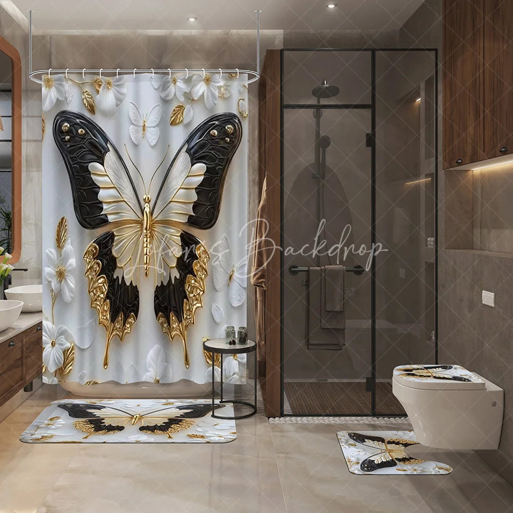 Lofaris Luxury Gold and Black Butterfly Shower Curtain Set 4 Piece 3D Floral Pearl Bathroom Decor with Rugs