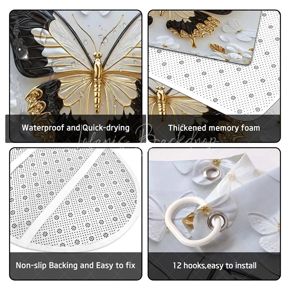 Lofaris Luxury Gold and Black Butterfly Shower Curtain Set 4 Piece 3D Floral Pearl Bathroom Decor with Rugs