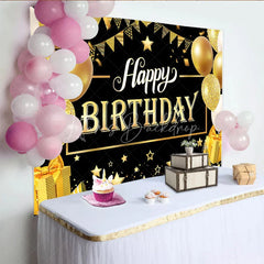 Lofaris Luxury Gold and Black Happy Birthday Backdrop Sparkling Balloons Stars Party Banner