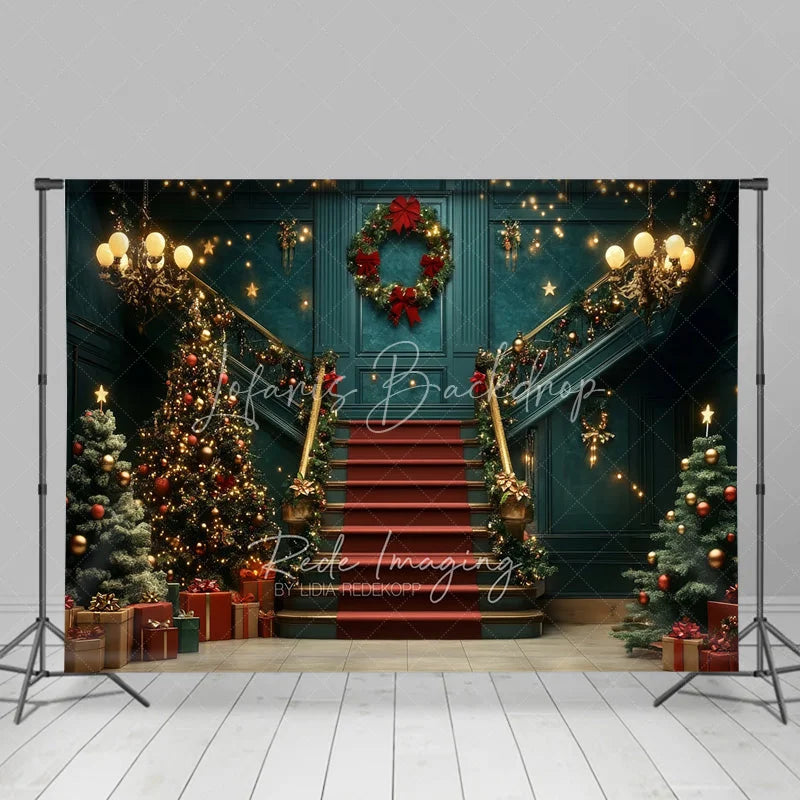 Lofaris Luxury Grand Staircase Christmas Backdrop Red Carpet Chandelier Background Elegant Mansion Winter Holiday Party Decoration