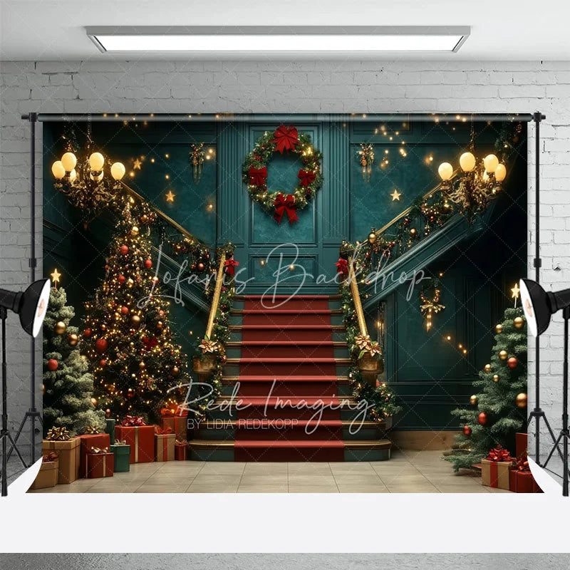 Lofaris Luxury Grand Staircase Christmas Backdrop Red Carpet Chandelier Background Elegant Mansion Winter Holiday Party Decoration