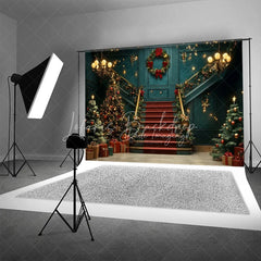 Lofaris Luxury Grand Staircase Christmas Backdrop Red Carpet Chandelier Background Elegant Mansion Winter Holiday Party Decoration