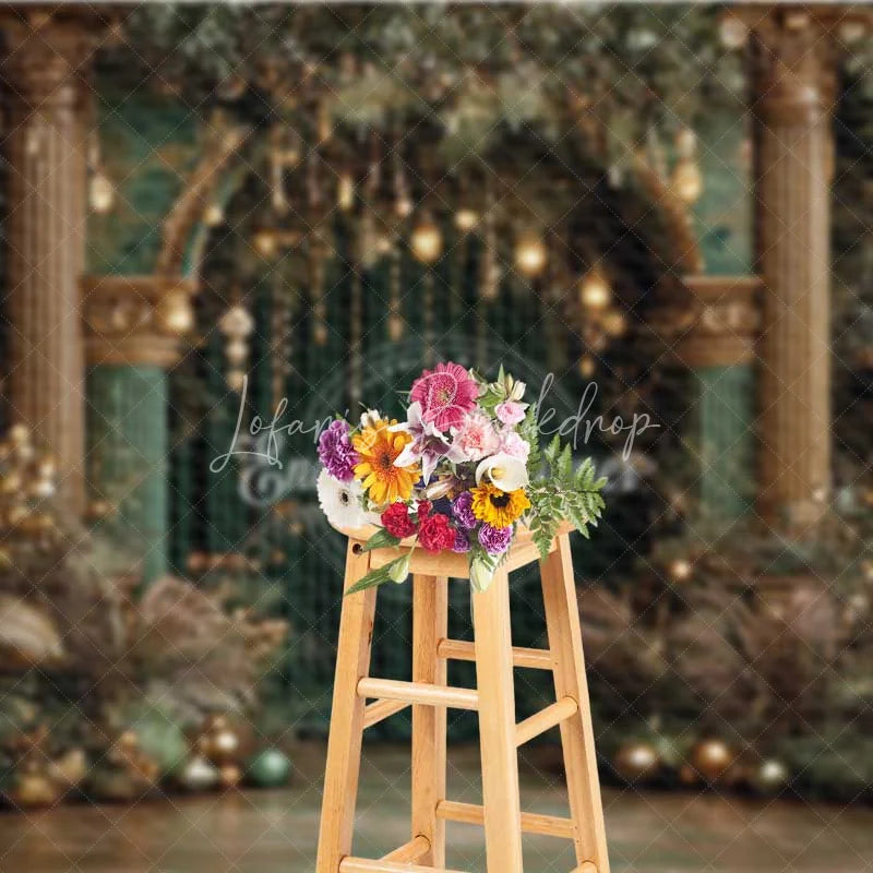 Lofaris Luxury Green and Gold Christmas Backdrop Palace Column Velvet Curtain Photography Background