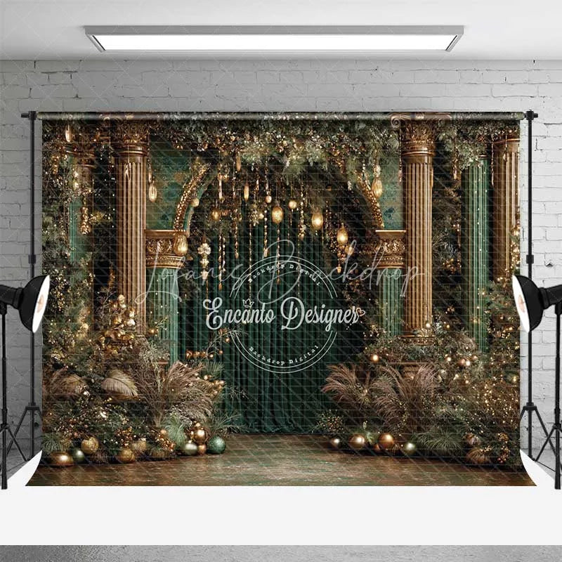 Lofaris Luxury Green and Gold Christmas Backdrop Palace Column Velvet Curtain Photography Background