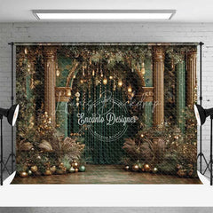 Lofaris Luxury Green and Gold Christmas Backdrop Palace Column Velvet Curtain Photography Background